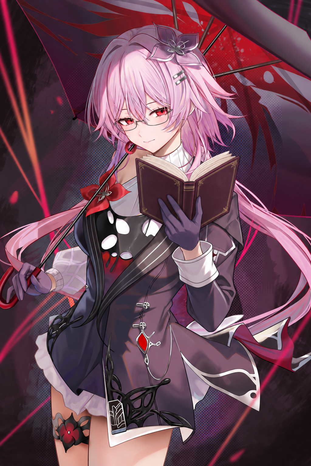 Evernight wearing glasses and holding an open book